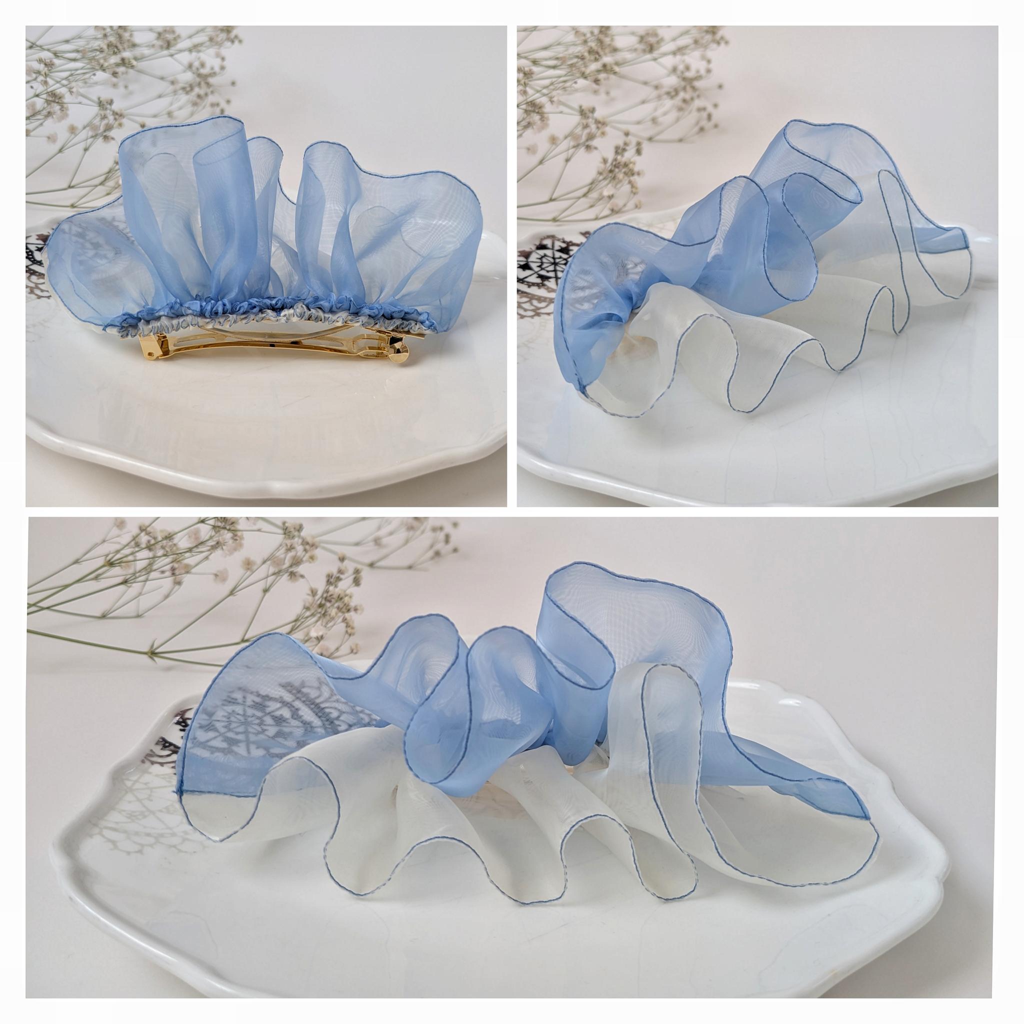 全3色｜大人のためのシュシュ見えバレッタ 晴れやかブルー　グラス♡オーガンジー バターイエロー＆ブラウン＆アイスブルー | 12枚目