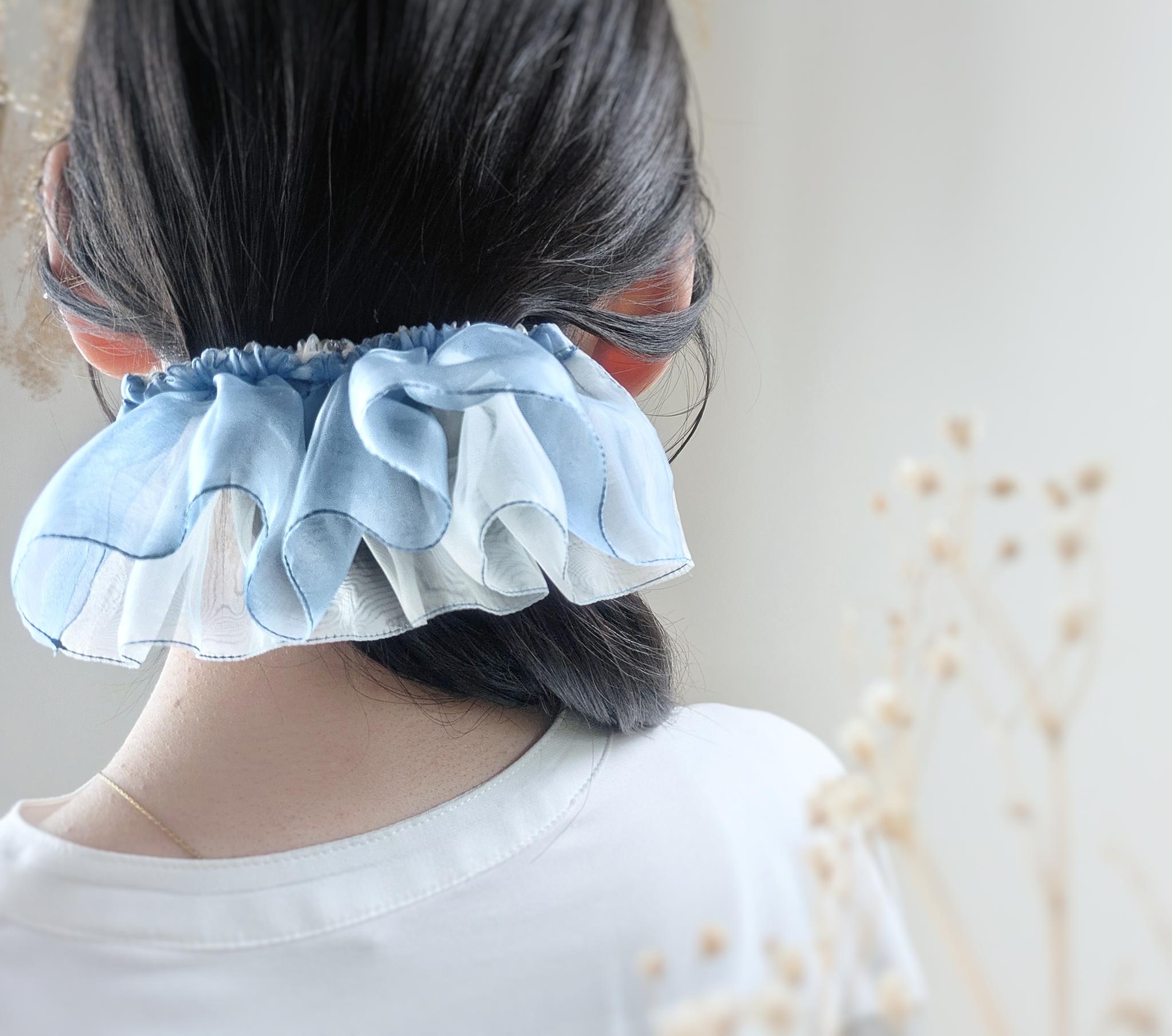 全3色｜大人のためのシュシュ見えバレッタ 晴れやかブルー　グラス♡オーガンジー バターイエロー＆ブラウン＆アイスブルー | 4枚目