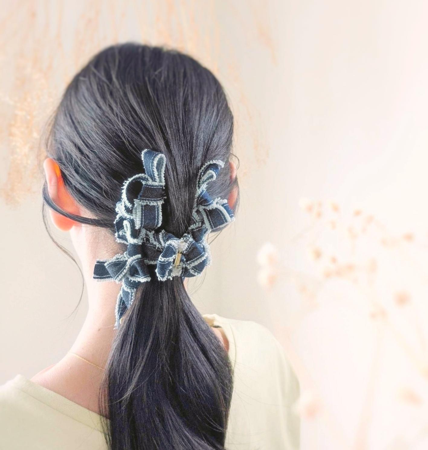 春デニム♡大人のためのリボンバンスクリップ大きめ11cm　〜ネイビー〜　リボンヘアアクセサリー | 3枚目