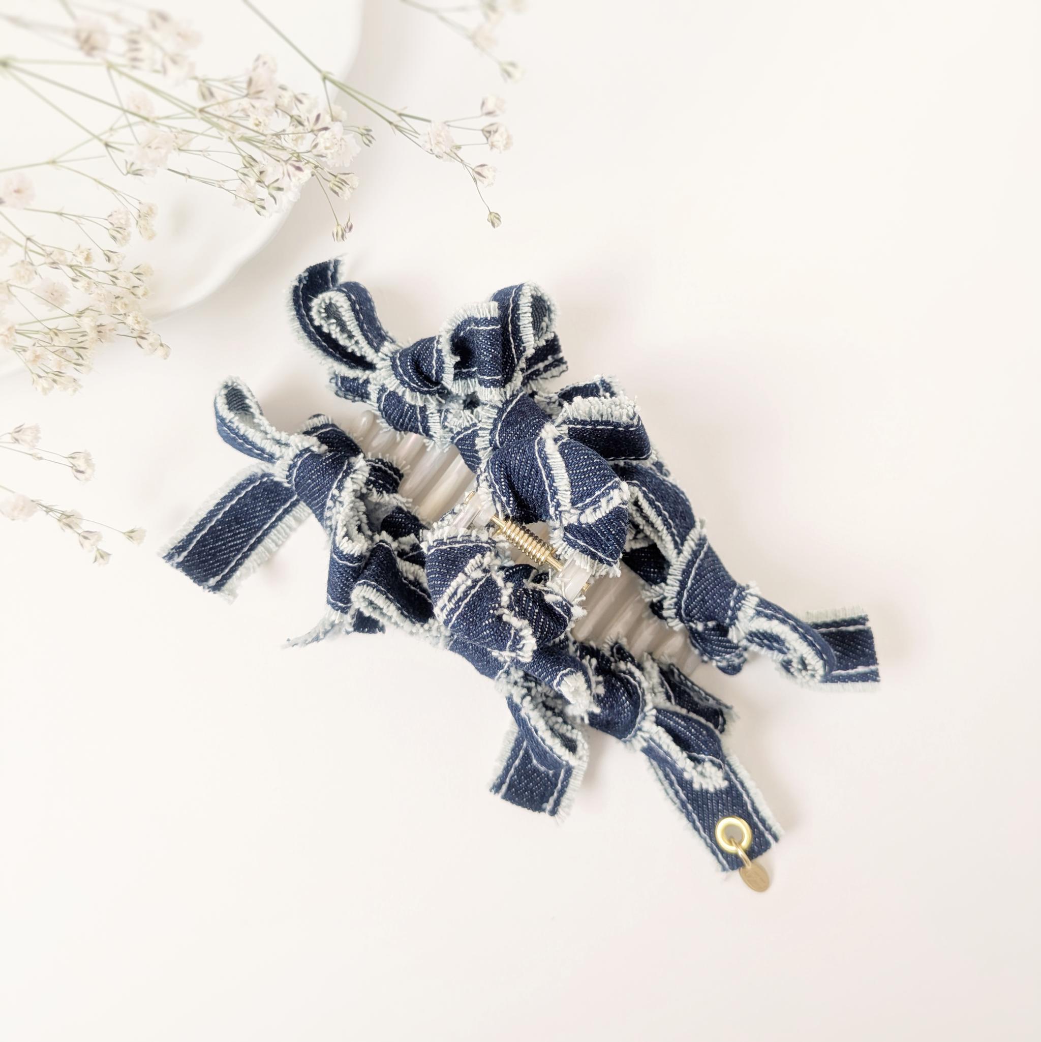 春デニム♡大人のためのリボンバンスクリップ大きめ11cm　〜ネイビー〜　リボンヘアアクセサリー | 5枚目