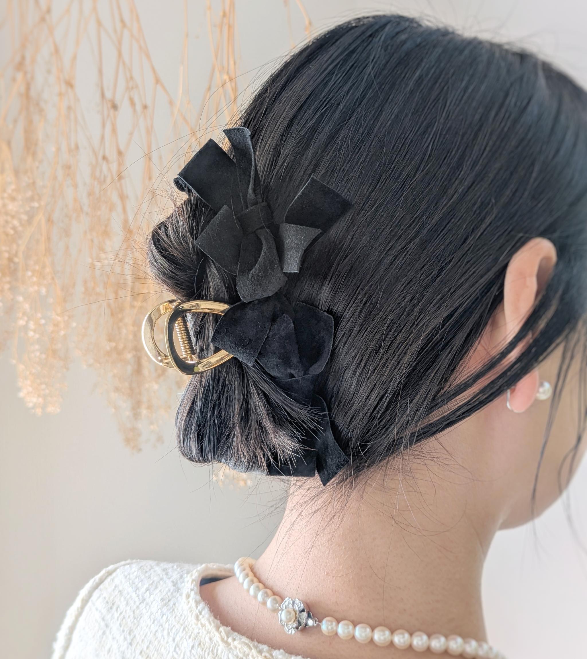 全3色/11cm/本革♡スエード　大人のためのリボンバンスクリップ大きめ　〜パール/メタル〜　セレモニー　普段使い